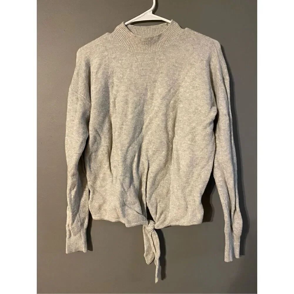 Loft Light Gray Mock Neck Sweater Tie Front Wool Blend Sz XS